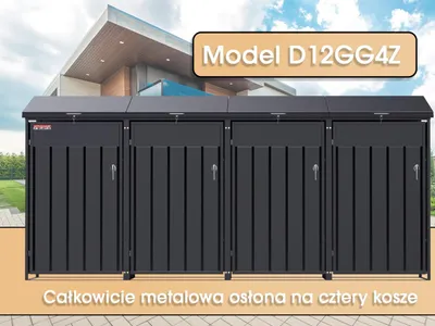 Zdjęcie produktu dla Wiata na pojemniki D12GG4Z, na 4 pojemniki z dwoma zamkami zabezpieczającymi przed wiatrem i kradzieżą, antracyt