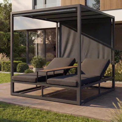 Produktbild von Alu Lounge-Gartenliege HWC-P81, Sonnenliege Daybed, 10cm-Polster 220g/m² 196x165x196cm  dunkelgrau, Polster dunkelgrau