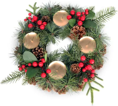 Produktbild von Künstlicher Adventskranz 30 cm für echte Kerzen mit Zapfen und roten Beeren geschmückt