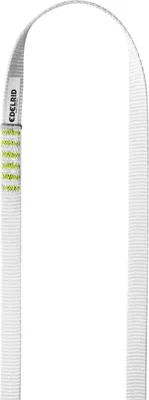 Edelrid PES Sling 3R; 16mm breite; weiße Kletter-Schlinge mit gelben und grünen Markierungen.