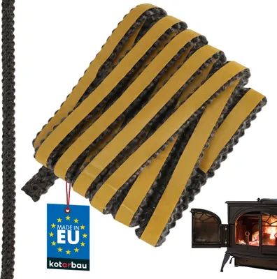 A roll of black sealing tape with yellow adhesive strips, a blue and white 'Made in EU' tag, and a small image of a wood-burning stove in the background.
