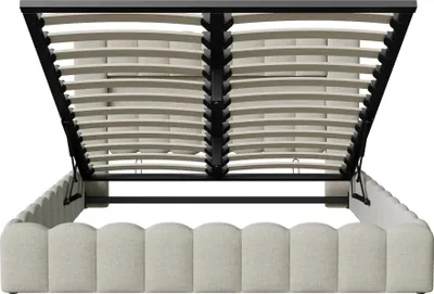 Image de Lit double rembourré - Lit à rangement hydraulique - Coffre de rangement - Sommier à lattes - Éclairage LED - 140 x 200 cm - Aspect lin beige