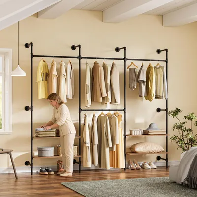 Produktbild von SoBuy Kleiderstange Wandmontage mit 4 Kleiderstangen + 6 MDF Regalböden, Offener Kleiderschrank Kleiderständer für Schlafzimmer KLS19-SCH