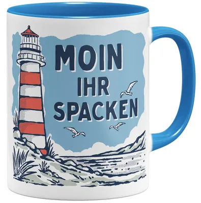 Sprüche-Tasse mit Leuchtturm, Keramikbecher 325 ml, hellblau