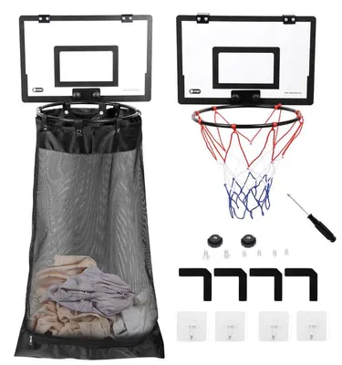 Produktbild von Wäschekorb Basketball, Tür-Wäschesammler mit Acryl-Basketballbrett, 80 cm hoch, schwarzes Netz, für Schlafzimmer und Kinderzimmer