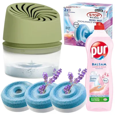 Image de Ceresit AERO 360 Absorbeur d'humidité vert + 2 comprimés absorbants Ceresit 450 g Lavande + Lotion nettoyante PUR 750 ml