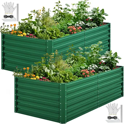 Produktbild von 2 Stk. Hochbeet 182x90x60cm, Metal Verzinktes Gartenbeet, mit Stützstange & Handschuhe, Grün