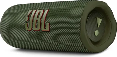 A green JBL Flip 6 portable waterproof speaker is shown against a white background.