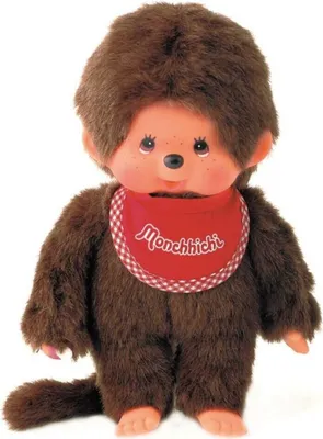 Produktbild von Sekiguchi 255010 - Originální chlapec Monchhichi z hnědého plyše, s červeným bryndáčkem, cca 20 cm