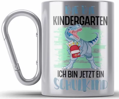 Produktbild von Trendation - Einschulung Junge Dino Geschenk für Schultüte Füllung Edelstahl Tasse Karabiner Schulstart 1. Schultag Schuleinführung Schulanfang Geschenkidee Schulkind 2022 (Silber)
