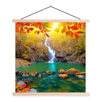 Produktbild von MuchoWow® Textilposter Steine - Baum - Wasserfall - Herbst - Rot 120x120 cm mit holzfarbenen Rahmen - Textil-Poster
