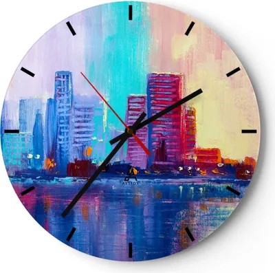 Produktbild von Wanduhr - Rund - Glasuhr - Stadt Haus Straße - 40x40cm - Schleichendes Uhrwerk - Lautlos - zum Aufhängen bereit - Dekoration Modern - Wanddekoration aus Glas - C3AR40x40-4023