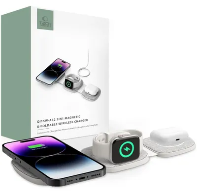 Produktbild von Tech-Protect Qi15W-A32 3In1 Magnetisches Magsafe Kabelloses Ladegerät Grau