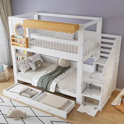 Obrázek produktu pro MODFU Patrová postel 90x200 dětská postel bez matrace, manželská postel s úložným schodištěm, rám se 2 zásuvkami na kolečkách a 2m policemi, bílá + přírodní