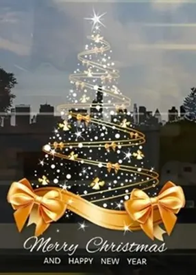 Produktbild von GKA XL Fensterbild goldener Weihnachtsbaum mit Sternen und 2 Schleifen Merry Christmas GK7 Weihnachten Advent Weihnachtsdekoration Tannenbaum 65 cm