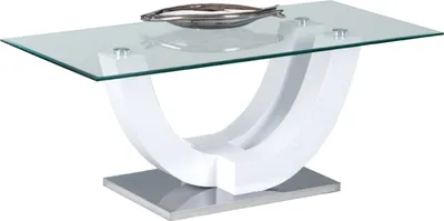 A modern white and silver coffee table with a glass top and a curved base.