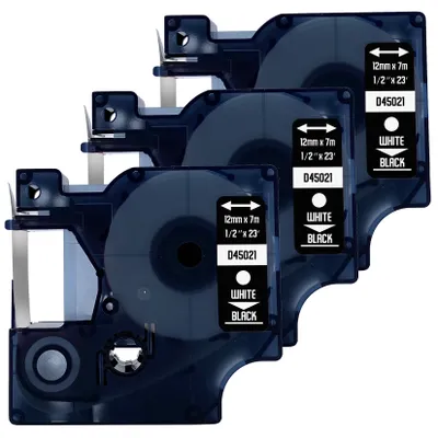 Produktbild von DULA Etikettenband - Kompatibel mit Dymo D1 45021 - 3 Stück - Weiß auf schwarz - 12mm x 7m