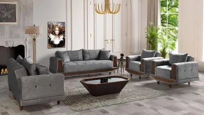 Produktbild von Sofagarnitur 3+2+1+1 Sitzer Textil Holz Sofa 3 Sitzer Modern Sessel Komplett Set