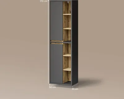 A tall, narrow cabinet with two gray doors and open shelving with a wood-like finish.