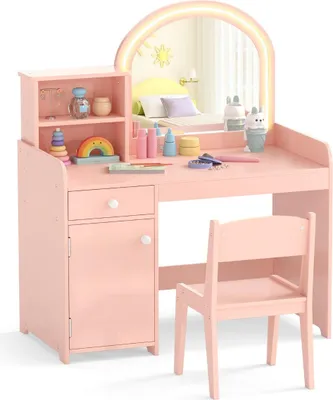 Image de Ensemble de coiffeuse pour enfants avec miroir LED, tabouret et rangement