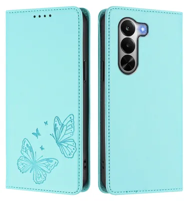 Image de Étui en cuir pour Realme P4x, étui de protection type portefeuille en cuir gaufré motif papillon avec support, couleur turquoise
