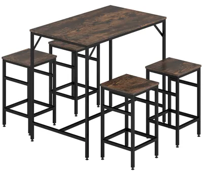 Produktbild von 5-teiliges Bartisch Set Bartisch mit Barhocker-Set Esstisch mit 4 Stühlen Küchentisch für Esszimmer, Küche, Rustikal-Braun+Schwarz