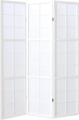 A white, three-panel room divider with a windowpane design.