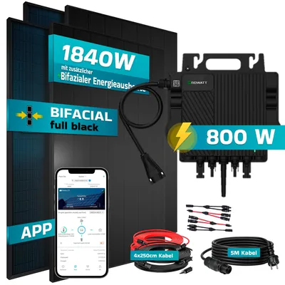 Produktbild von SUNNIVA® 1840W Balkonkraftwerk BIFAZIAL FULLBLACK komplett Steckdose GROWATT NEO-800M-X Wechselrichter, Solaranlage 4x460W Glas Solarmodule,5m Kabel