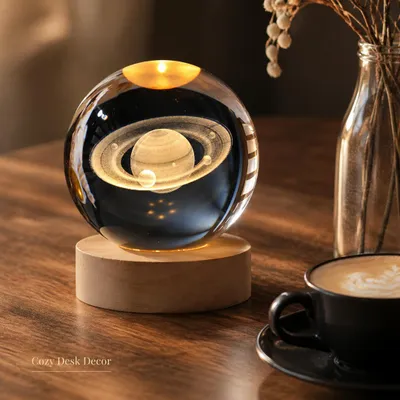 Produktbild von 3D Kristallkugel mit Saturn Muster, Glaskugel geformte Kinder Nachtlicht, hölzerne Basis Nachtlampe, Fantasie Thema und Galaxie mit Planeten