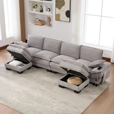 Produktbild von okwish Modulares Sofa 4-Sitzer mit 2 Hocker Ergonomische Breite Sitzfläche Loungesofa mit USB-C Anschluss Wohnzimmersofa mit Seitentaschen Wohnzimmer Corduroy Hellgrau