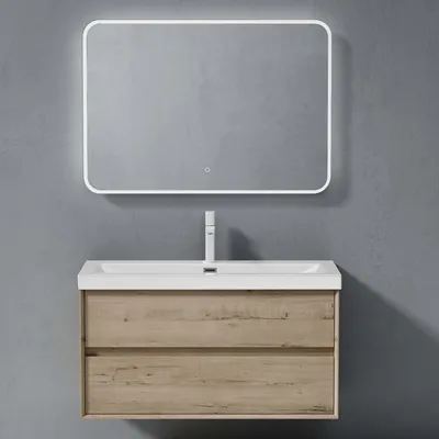 Immagine prodotto di doporro Mobile Bagno Sospeso 100cm, Mobiletto per Bagno con 2 Cassetti Include Lavabo e Specchio LED Bianco Rimo F161, Rovere Chiaro