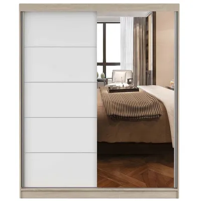 Produktbild von Schwebetürenschrank Kleiderschrank Bono 05, 160 cm, Sonoma/Weiß mit Spiegel
