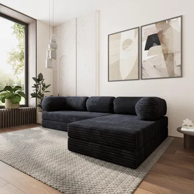 Produktbild von Masseno Ecksofa ETERA mit Schlaffunktion, Modulares Schlafsofa aus Schaumstoff, Klappbares Bodensofa - Schwarz, TILIA 100