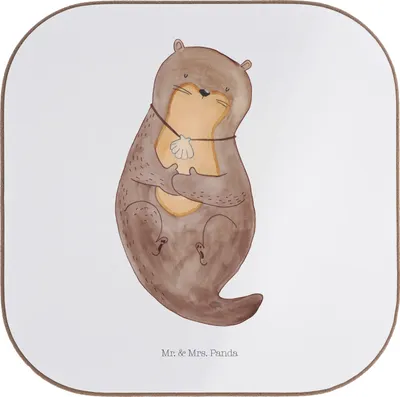 Produktbild von Mr. & Mrs. Panda Tischuntersetzer Otter Muschel - Weiß - Geschenk, Holzuntersetzer, Medaillon, unterleger, Untersetzer für Gläser, Glas, Motivation, Süß, Seeotter
