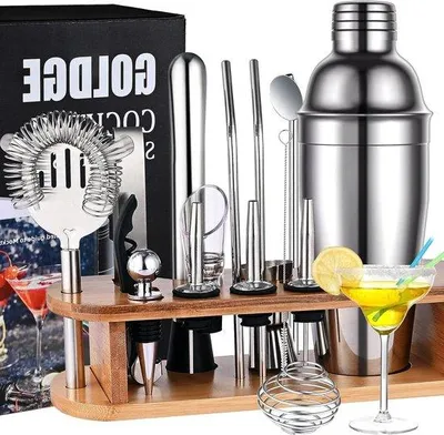 Immagine prodotto di Set regalo da 18 pezzi per cocktail, con shaker da 750 ml e supporto in legno