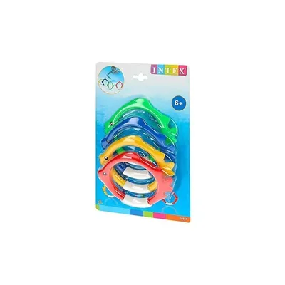 Produktbild von INTEX Wasserspielzeug Dive Rings, 4er-Set, 4-farbig, Ø 12 cm, 55501, Kunststoff, stehen aufrecht am Beckenboden, ab 6 Jahren