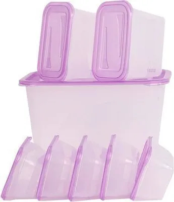 A set of clear plastic food storage containers with purple lids.