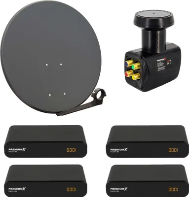 Produktbild von PremiumX Satelliten-Komplettanlage 4 Teilnehmer 80cm Antenne Anthrazit SAT Quad LNB 4x Satelliten-Receiver DVB-S2 HDTV