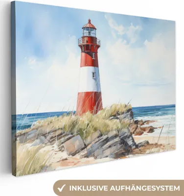 Produktbild von MuchoWow® - Leinwandbilder - Leuchtturm - Felsen - Meer - Natur - Maritim, Wandbild, Wanddeko Bilder Wohnzimmer, 40x30 cm