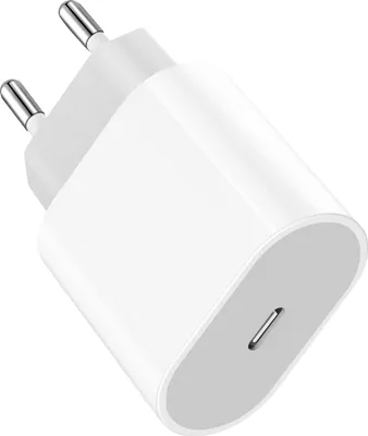 A white USB-C power adapter with European-style prongs and a USB-C port.