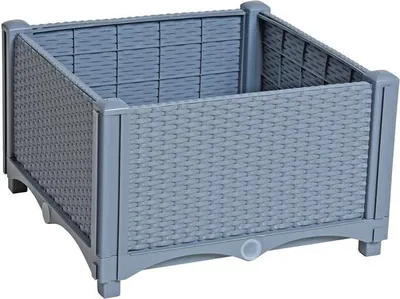 A grey, rectangular raised garden bed with a rattan-like texture.