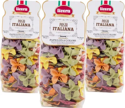 Produktbild von Livera - Papillon 6 Colori Hartweizen-Semolina-Pasta, langsam getrocknet, italienisch, handwerklich hergestellt, 3er-Pack à 500g