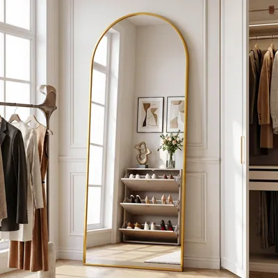 Immagine prodotto di Specchio a figura intera, specchio da parete, specchio ad arco, dimensioni 180x66 cm, cornice in alluminio dorato, vetro HD, resistente agli urti