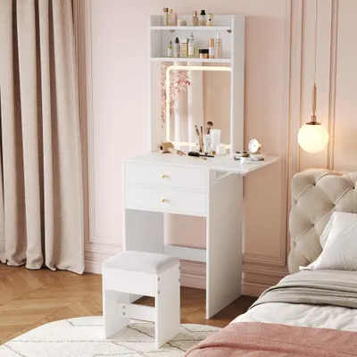 Produktbild von Schminktisch mit LED-Licht, Hocker & Stauraum - 2 Schubladen, klappbare Tischplatte, 2 offene Fächer. Weißer Maße: 75x156x45 cm