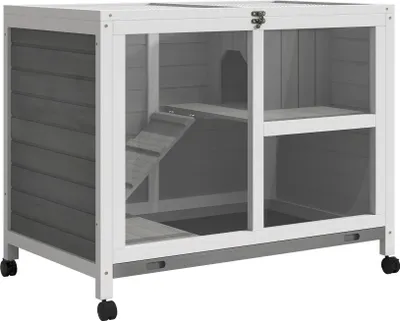 Produktbild von Kleintierkäfig - Kaninchenstall auf Rollen - Holz-Innenkäfig - Für Kaninchen und Meerschweinchen - Mit Unterstand - Grau