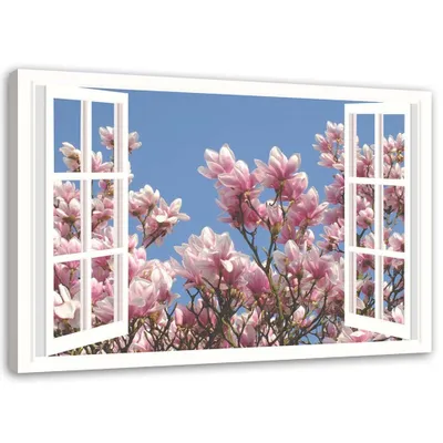 Obrázek produktu pro Nástěnné plátno kvetoucí magnólie před oknem 120x80 cm Feeby růžová nástěnná malba připravená k zavěšení