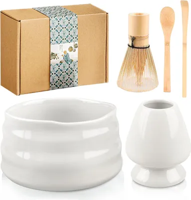 Produktbild von Matcha-Set mit Schüssel, Ausgießnase und Halter für die traditionelle Zubereitung von Matcha-Tee (Weiß)