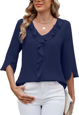 Produktbild von ASKSA Damen T-Shirt 3/4 aermel Rueschen Bluse V-Ausschnitt Sommer Elegant Einfarbig Lose Laessig Arbeits Tunika Shirts Oberteile (Navy Blau,S)