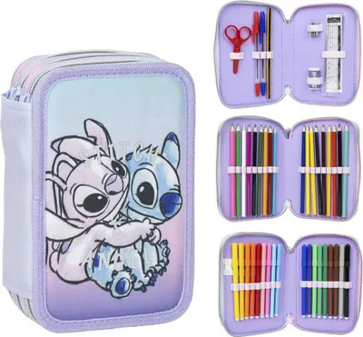 A collage of a Disney Stitch triple pencil case, showing the exterior and interior compartments filled with stationery.