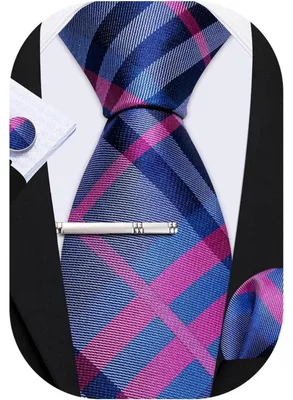 Produktbild von Herren Krawatten Set Seide Paisley Einstecktuch Manschettenknöpfe Krawattennadel Rosa Blau Grau